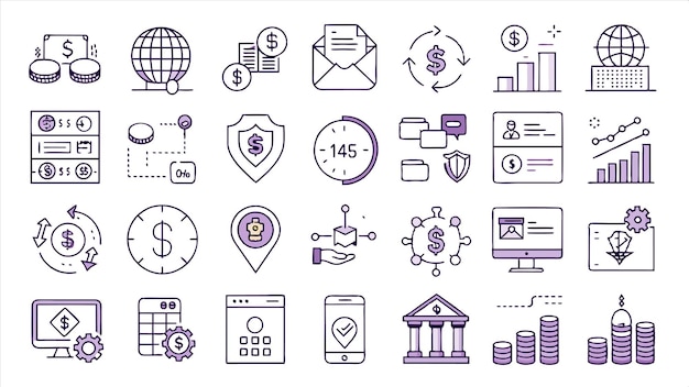 una colección de iconos que incluyen un billete de dólar y un signo de dólar