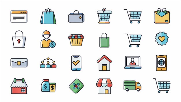 una colección de iconos que incluyen un carrito de compras un hombre y un carro de compras