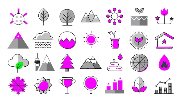 una colección de iconos que incluyen un entorno púrpura y púrpura