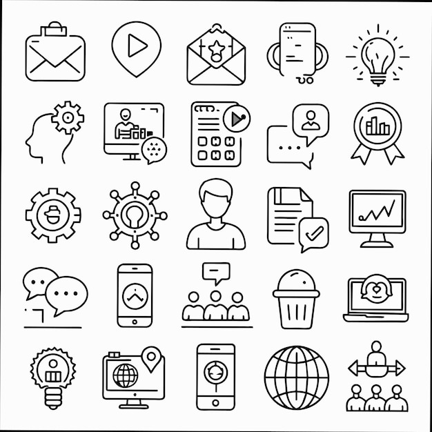 una colección de iconos que incluyen un hombre y una pantalla de computadora con un icono web en él