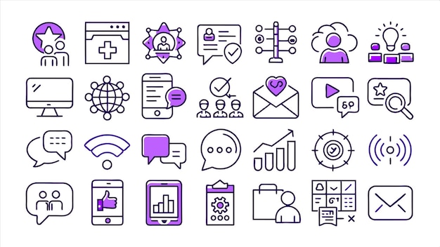 una colección de iconos que incluyen un logotipo púrpura y azul con un fondo blanco