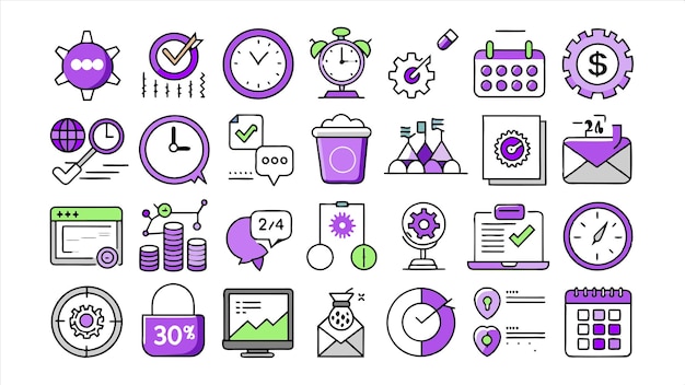 una colección de iconos que incluyen un reloj un reloj y una página web