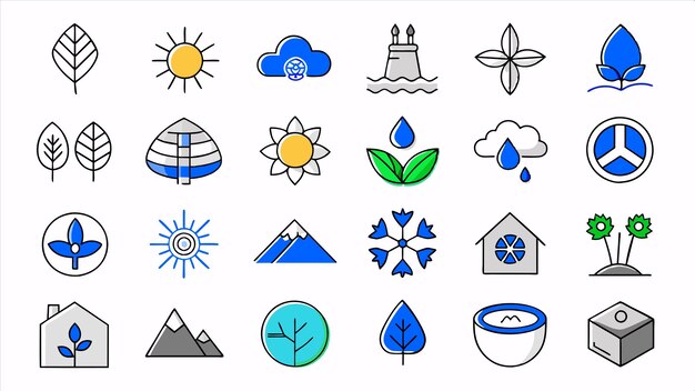 una colección de iconos que incluyen un sistema solar y una montaña