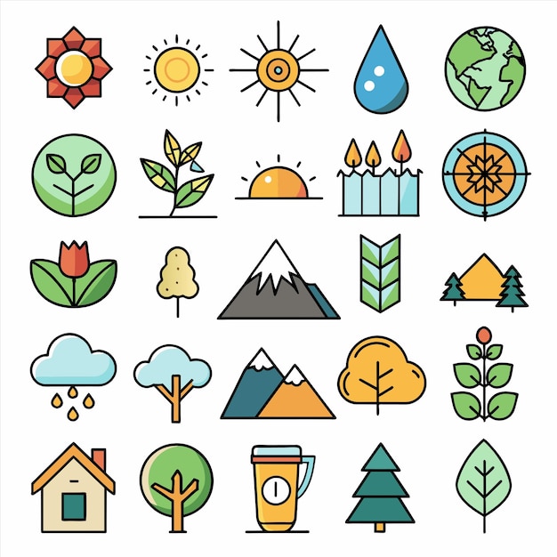 una colección de iconos que incluyen el sol, el sol y los árboles