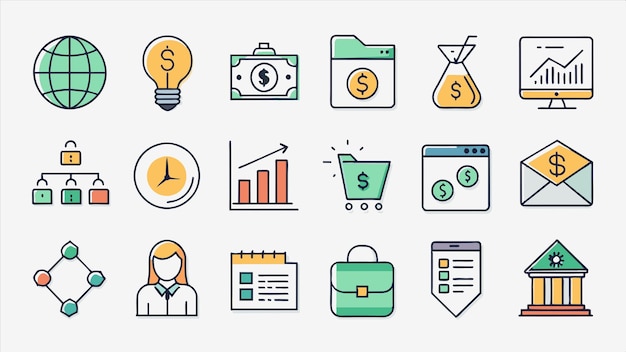 una colección de iconos que incluyen una tarjeta de visita, iconos comerciales y financieros