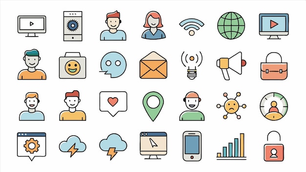 una colección de iconos que incluyen un teléfono un botón web y un botón Web