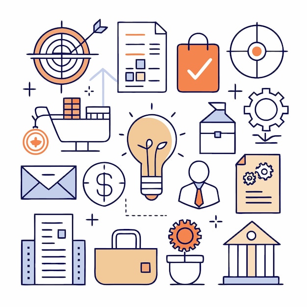Una colección de iconos que representan conceptos comerciales como la estrategia de marketing financiero y la innovación