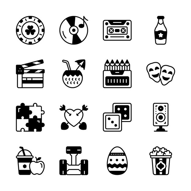 Una colección de iconos que representan una gama de actividades de ocio y entretenimiento