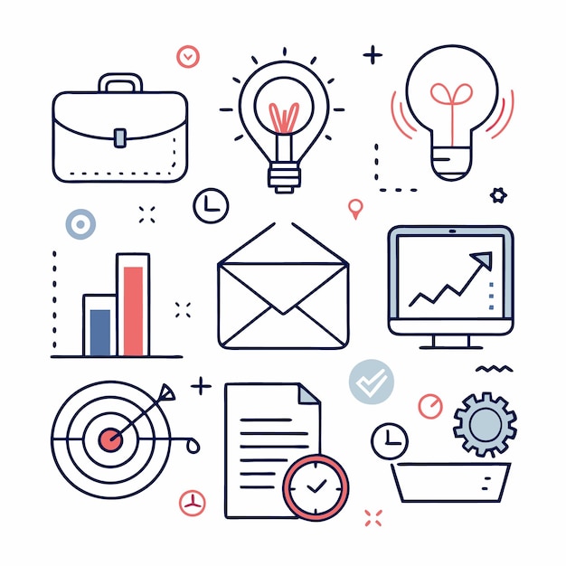 Una colección de iconos que representan ideas de negocios y progreso