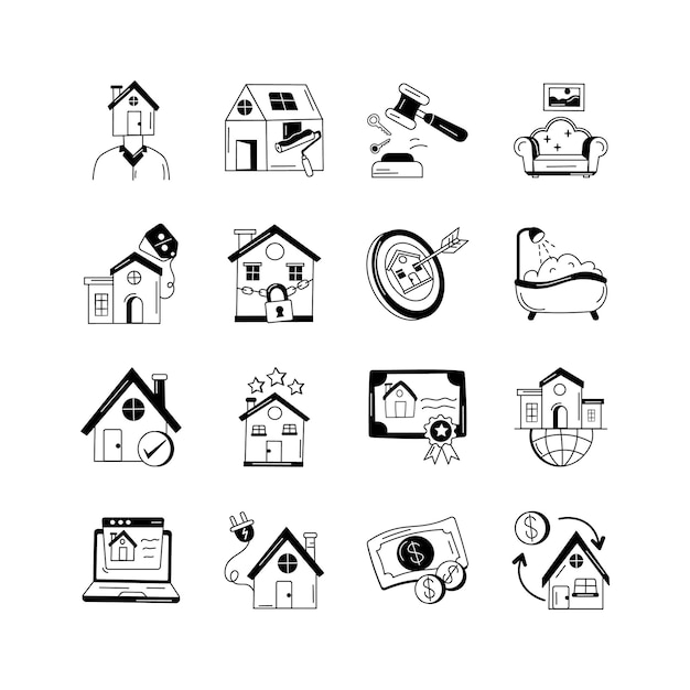 Una colección de iconos que representan varios aspectos de los bienes raíces, incluida la renovación de la propiedad de la casa