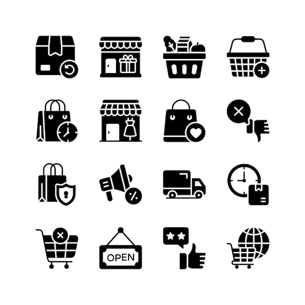 Colección de iconos que representan varios aspectos de las tiendas de entrega de compras en línea shoppi