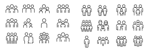Colección de iconos que representan varios grupos de personas en estilo minimalista que muestran diversas interacciones sociales