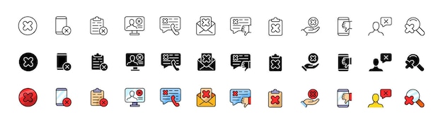 Colección de iconos rechazados Silueta lineal y iconos vectoriales planos