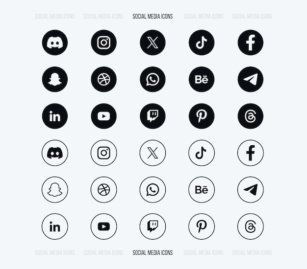 Colección de iconos de redes sociales en blanco y negro lleno y contorno de archivo vectorial EPS