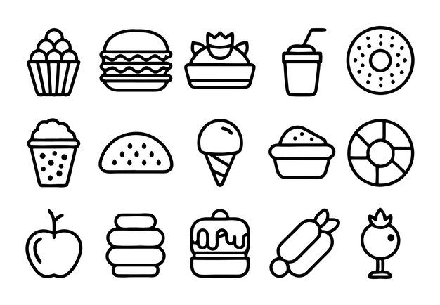 una colección de iconos relacionados con los alimentos, incluidos alimentos y bebidas