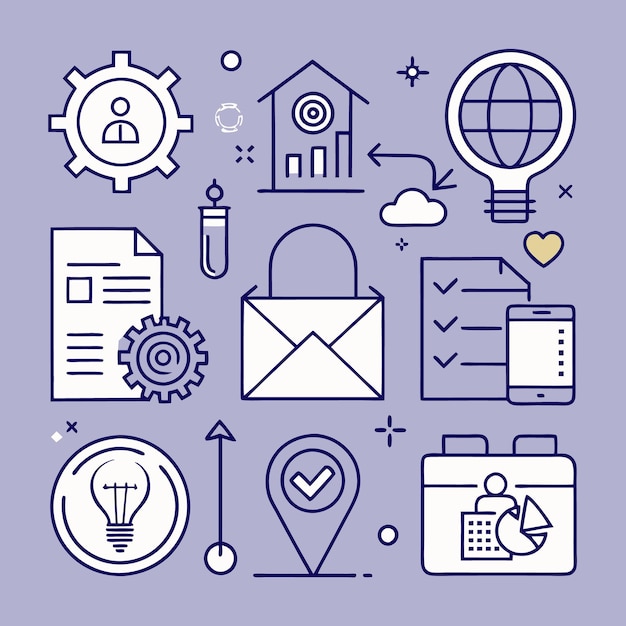 Una colección de iconos relacionados con la tecnología empresarial y la productividad