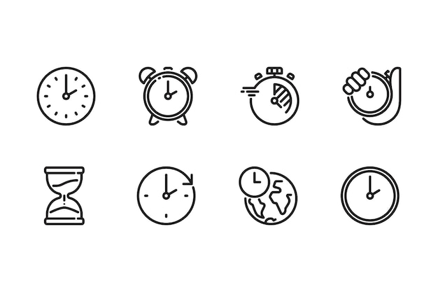 Colección de iconos relacionados con el tiempo Relojes alarma cronómetro y reloj de arena