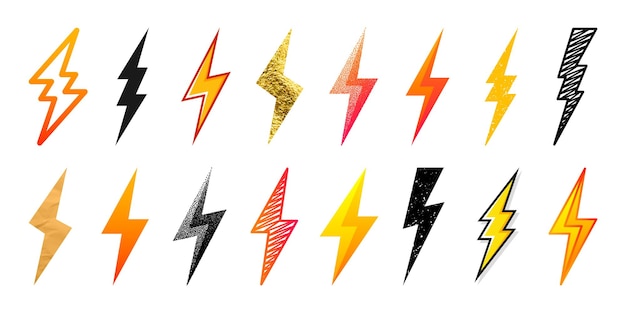 Colección de iconos de relámpagos grunge dorado con puntos dibujados a mano símbolo de flash relámpago punto