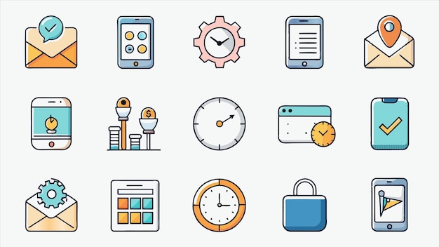 una colección de iconos con un reloj y un reloj en la pared