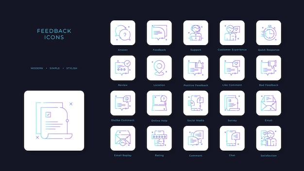 Colección de iconos de retroalimentación con estilo de duotono azul análisis investigación información diagrama informe estadística aplicación vector ilustración