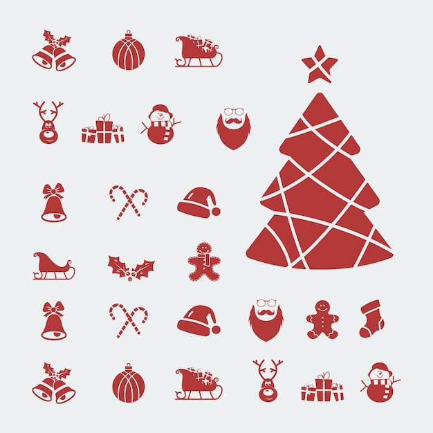 Colección de iconos rojos de Navidad con decoraciones y símbolos estacionales