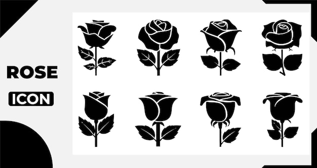 Colección de iconos de rosas siluetas florales en blanco y negro