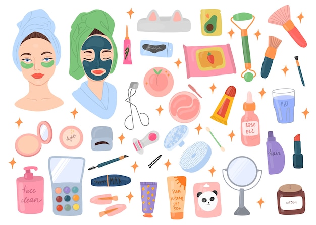 Colección de iconos de rutina de cuidado de la piel. Hermosas señoritas y varios cosméticos.