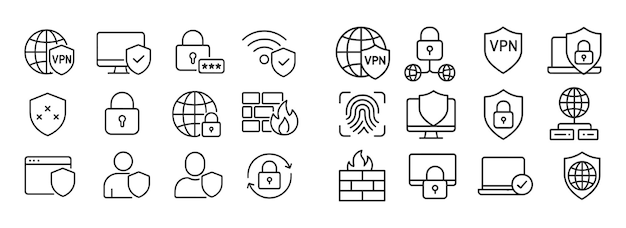 Colección de iconos de seguridad que representan métodos de cifrado VPN y protección de red para la privacidad en línea