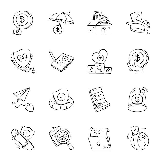 Colección de iconos de seguros al estilo de Doodle