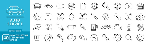 Colección de iconos de servicio de automóviles taller de máquinas vehículo vector de automóviles trazo editable EPS 10