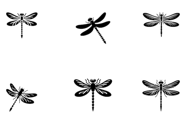 Una colección de iconos de silueta de libélula negra en un fondo blanco para diseño y web