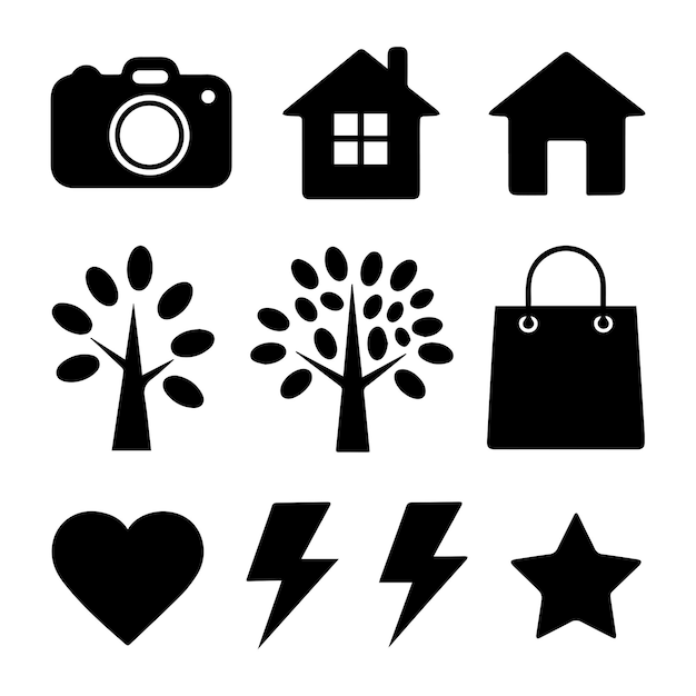 Colección de iconos de silueta negra casas coches árboles relámpagos animales corazones y símbolos del sol