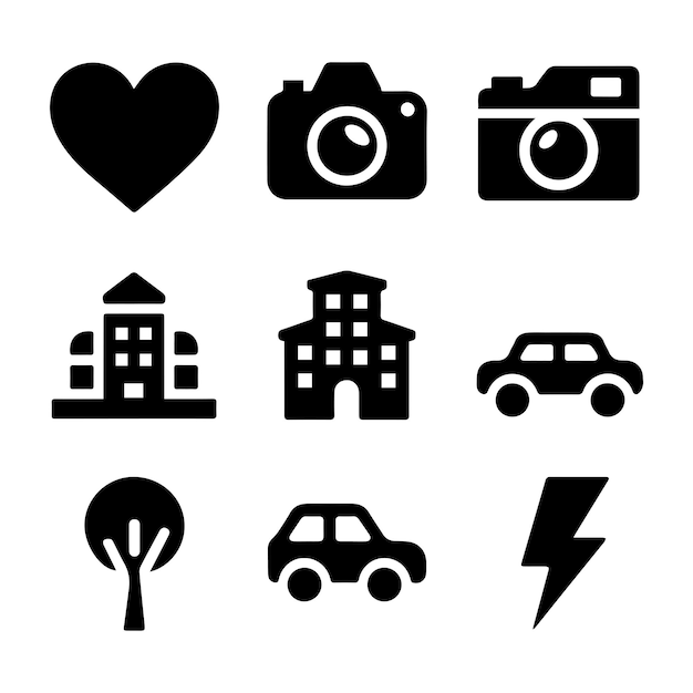 Colección de iconos de silueta negra casas coches árboles relámpagos animales corazones y símbolos del sol