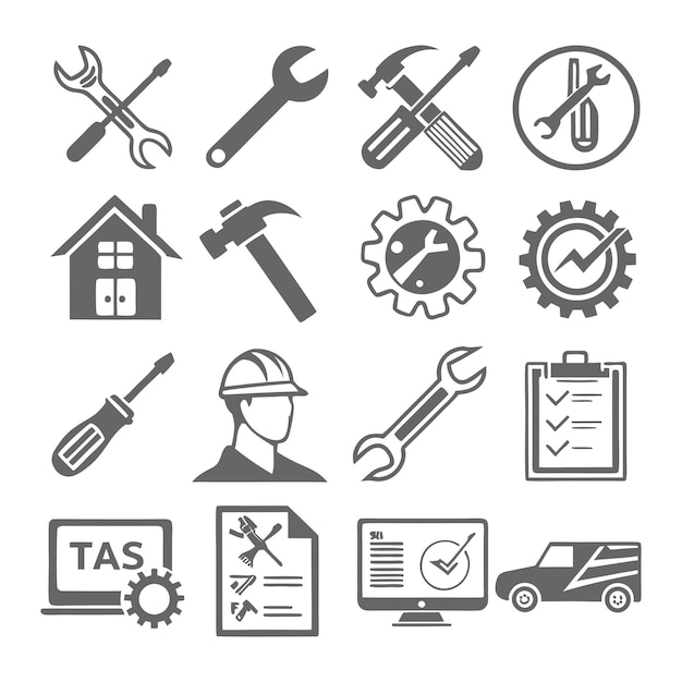 Colección de iconos de silueta de reparación y mantenimiento minimalistas