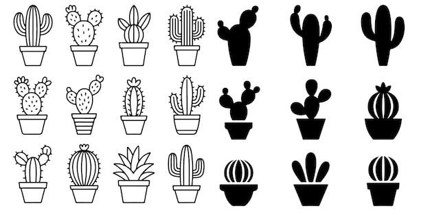 Colección de íconos de siluetas de cactus en blanco y negro Diferentes plantas de caktus en ollas Line Art Ill