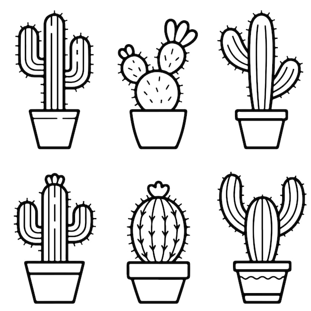 Colección de íconos de siluetas de cactus en blanco y negro Diferentes plantas de caktus en ollas Line Art Ill