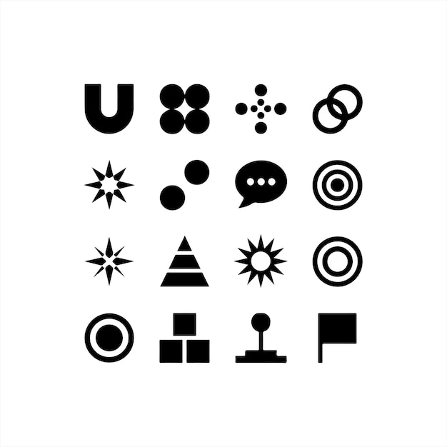 Una colección de íconos y símbolos en blanco y negro