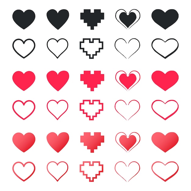 Colección de íconos de símbolos de corazón de amor Ilustración de amor Conjunto con corazones vectoriales sólidos y de contorno