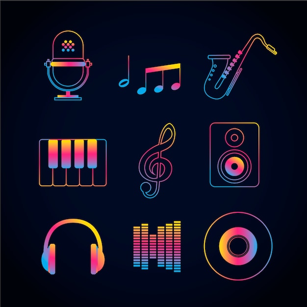 Colección de íconos y símbolos de música en gradiente