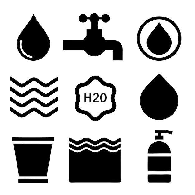 Colección de iconos y símbolos relacionados con el agua en un diseño minimalista en blanco y negro
