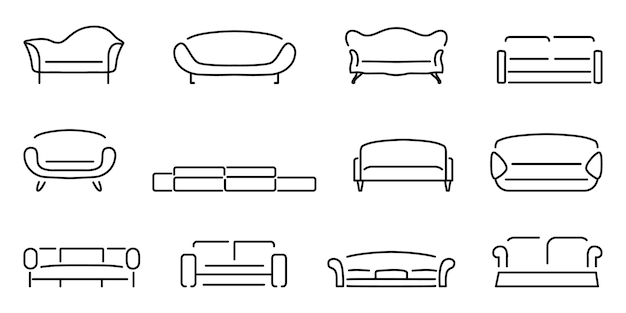 Colección de íconos de sofá lineal Íconos de conjunto de líneas aislados de sofá Colección de sofá moderno vintage y retro