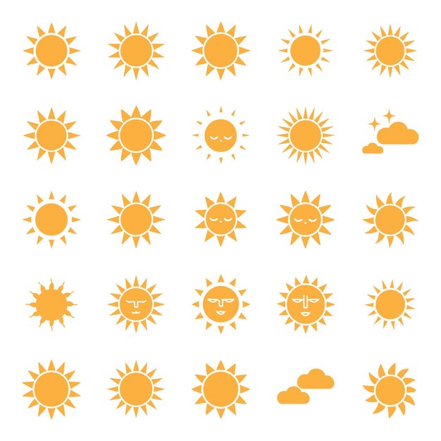 Colección de íconos del sol, brillo del tiempo y vibraciones de verano