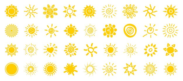 Colección de iconos del sol en estilo dibujado a mano Colección de íconos simples del sol Íconos solares aislados en fondo blanco Letreros de dibujo del sol