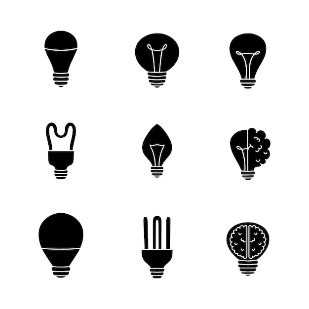 Colección de iconos sólidos de bombillas de luz estilo dibujado a mano de glifo ilustración aislada