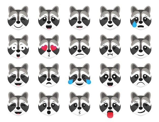 Colección de iconos de sonrisa de emoticon de mapache. Conjunto de emoji de mapache de dibujos animados. Conjunto de emoticonos vectoriales