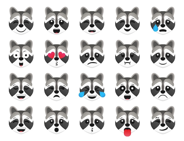 Colección de iconos de sonrisa de emoticon de mapache. conjunto de emoji de mapache de dibujos animados. conjunto de emoticonos vectoriales