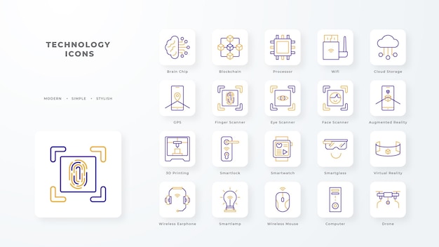 Colección de iconos de tecnología con estilo bitono púrpura y naranja Diagrama de computación descargar carpeta de archivos gráfico portátil Ilustración vectorial
