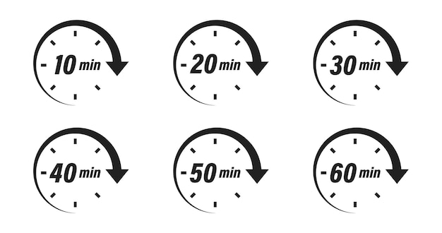 Colección de iconos de temporizador de minutos reloj de tiempo vectorial o conjunto de cronómetro