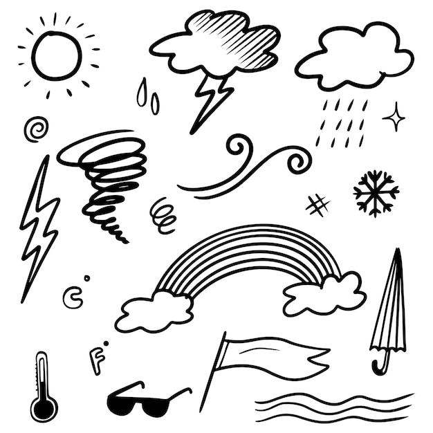 Colección de iconos del tiempo doodle dibujados a mano aislados sobre fondo blanco.