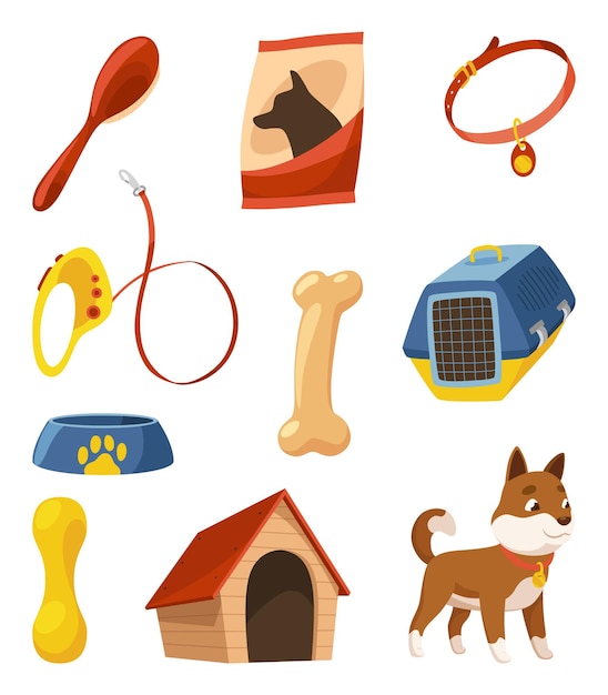 Colección de iconos de tiendas de accesorios para perros, accesorios para el cuidado de mascotas y productos decorativos para mascotas
